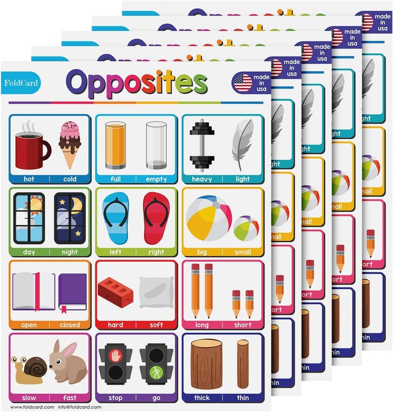 FoldCard Opposites Chart for Preschool to Grade 1 Kids – Bright and Colorful Educational Visual/Learning Aid Poster Decoration for Classroom or Home | Glossy Durable Cardstock | 8.5" x 11" | 5 per Pack - Image 1